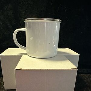 White Enamel 10 oz Metal Mugs with Silver Rim 9 pieces new in box.